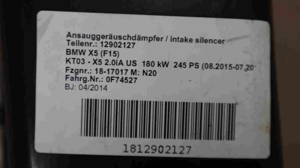 Original BMW X5 F15 X6 F16 Intake Silencer Petrol With Electric N20 8603092 