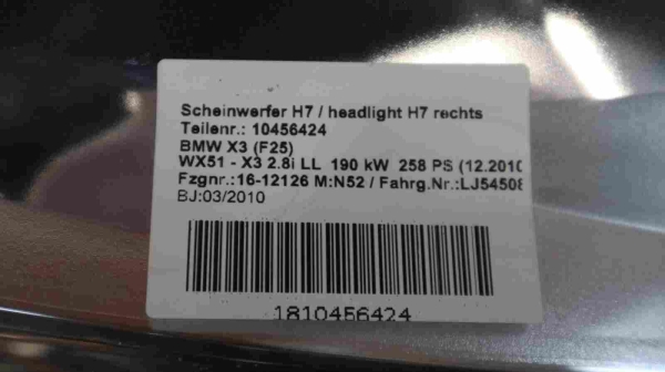 Original BMW F25 Headlight Right H7 7217288 